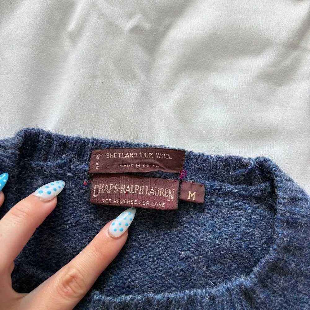 Vintage Chaps Ralph Lauren Mens Blue Shetland 100% Wool Crewneck Sweater Medium